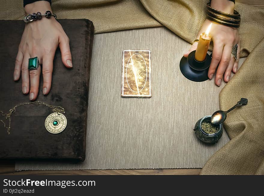 Book of magic. Future reading. Book of magic on fortune teller concept.