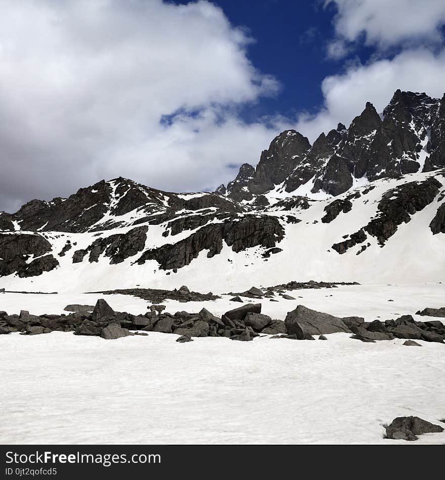 Snowy mountain and sky with clouds