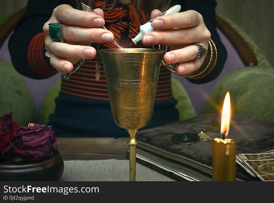 Woman Witch Prepare A Magic Potion. Tarot Cards. Future Reading. Fortune Teller Concept.