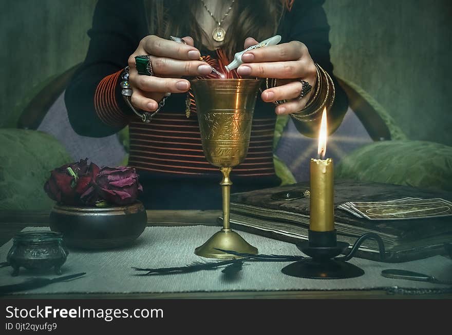 Woman Witch Prepare A Magic Potion. Tarot Cards. Future Reading. Fortune Teller Concept.