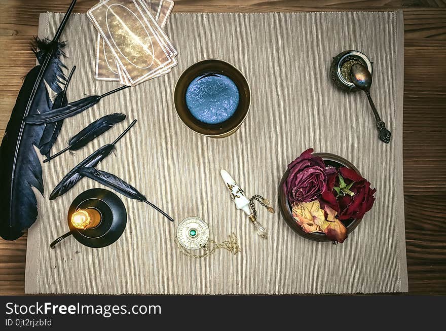 Tarot cards deck on fortune teller magic desk table. Future reading. Tarot cards deck on fortune teller magic desk table. Future reading.