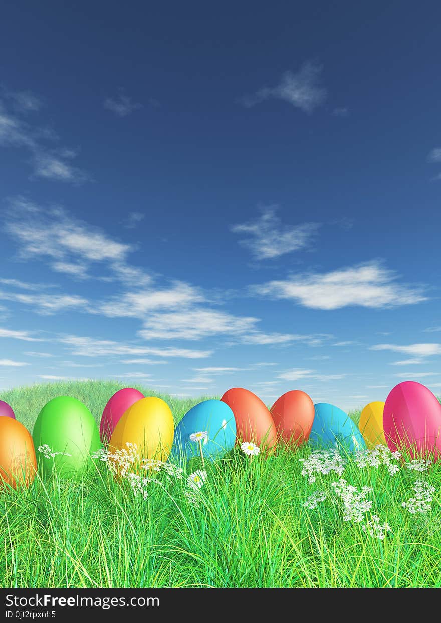 3D Easter eggs in grass and daisy landscape