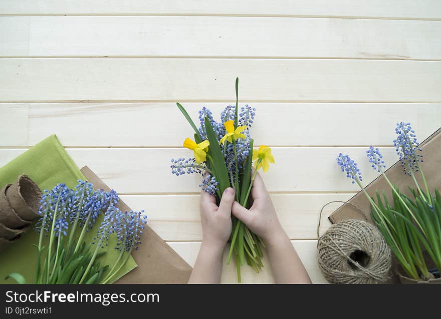 Children`s hands collect a bouquet as a gift. A gift for mom. Spring festive bouquet in a crafting package. Pruning flowers. The child is a florist. Wooden background. Field bouquet. Eco-style.