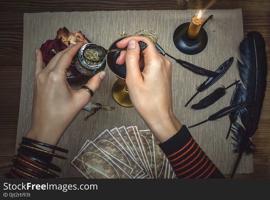 Woman Witch Prepare A Magic Potion. Tarot Cards. Future Reading. Fortune Teller Concept.