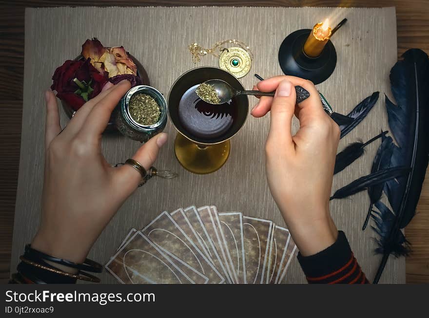 Woman Witch Prepare A Magic Potion. Tarot Cards. Future Reading. Fortune Teller Concept.