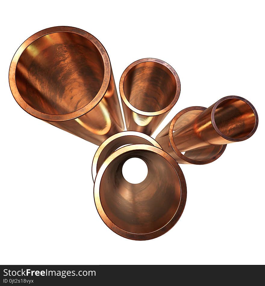 Copper pipes on warehouse. Bronze tubes of different diameters. 3d render illustration isolated on white background. Copper pipes on warehouse. Bronze tubes of different diameters. 3d render illustration isolated on white background.