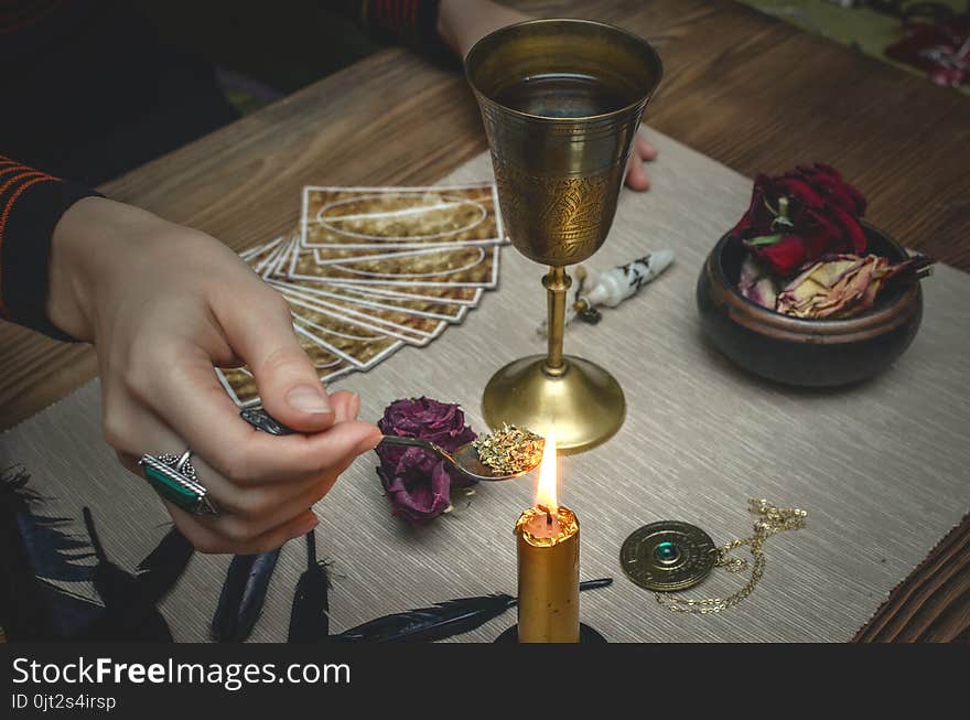 Magic Desk Table. Tarot Cards. Future Reading. Fortune Teller Concept.