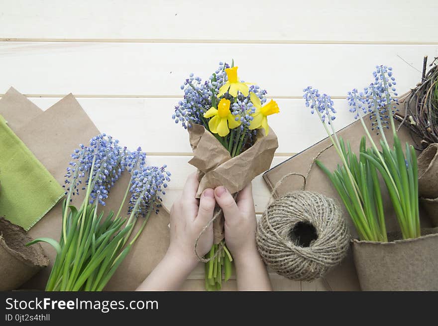 Children`s hands collect a bouquet as a gift. A gift for mom. Spring festive bouquet in a crafting package. Pruning flowers. The child is a florist. Wooden background. Field bouquet. Eco-style.