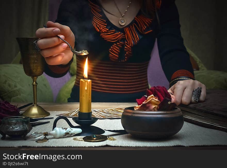 Woman Witch Prepare A Magic Potion. Tarot Cards. Future Reading. Fortune Teller Concept.