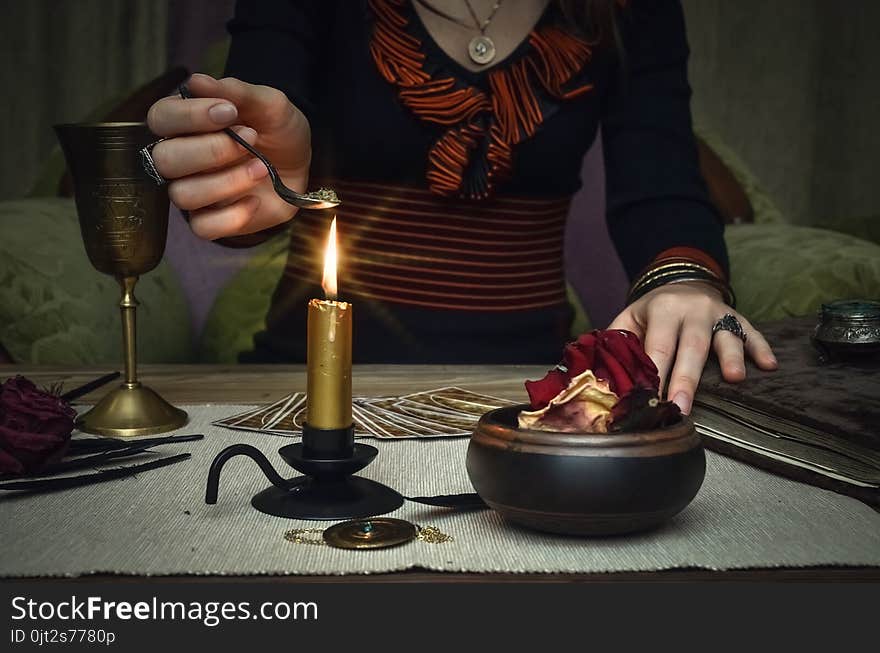 Woman Witch Prepare A Magic Potion. Tarot Cards. Future Reading. Fortune Teller Concept.