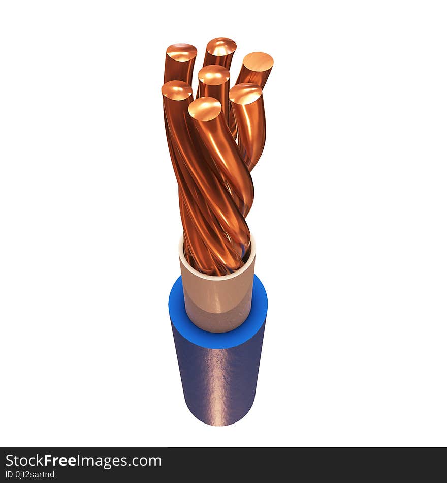 Copper electrical cable cleared wire. 3d render illustration isolated on white background. Copper electrical cable cleared wire. 3d render illustration isolated on white background.