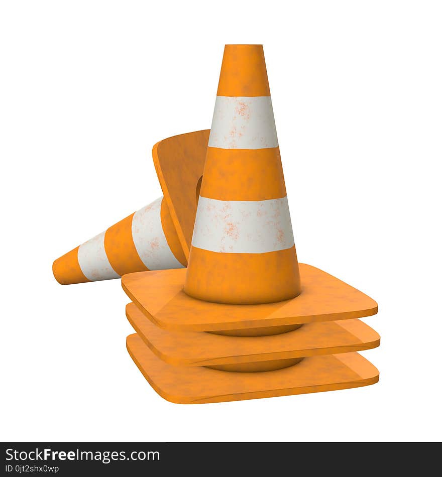 Traffic cone. Orange road sign with white stripes 3d render isolated on white background. Under construction concept. Traffic cone. Orange road sign with white stripes 3d render isolated on white background. Under construction concept.