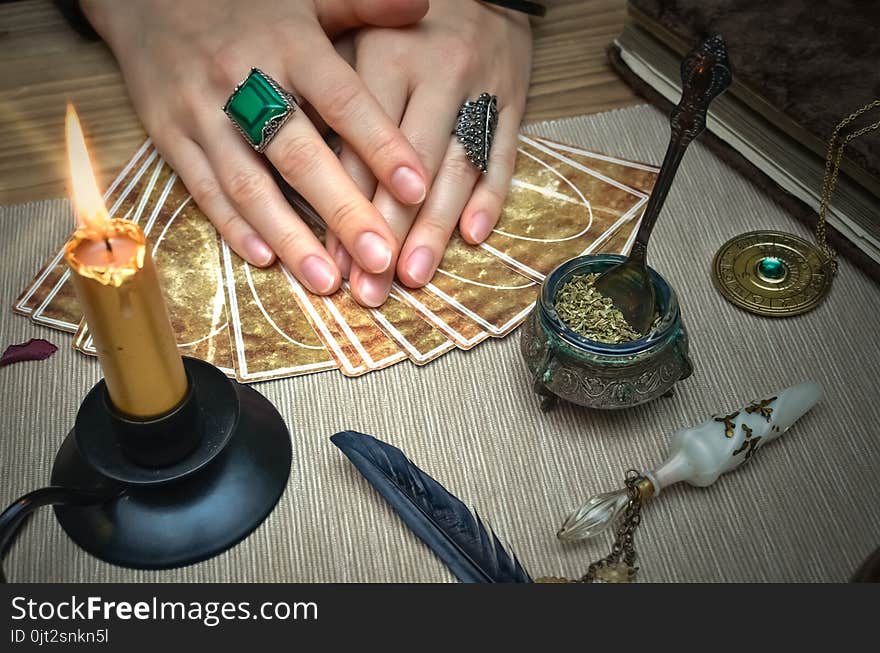 Tarot cards on fortune teller desk table. Future reading. Tarot cards on fortune teller desk table. Future reading.