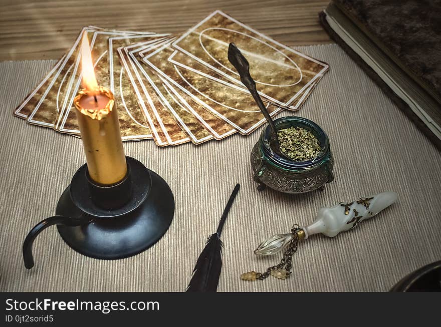 Tarot cards deck on fortune teller magic desk table. Future reading. Tarot cards deck on fortune teller magic desk table. Future reading.