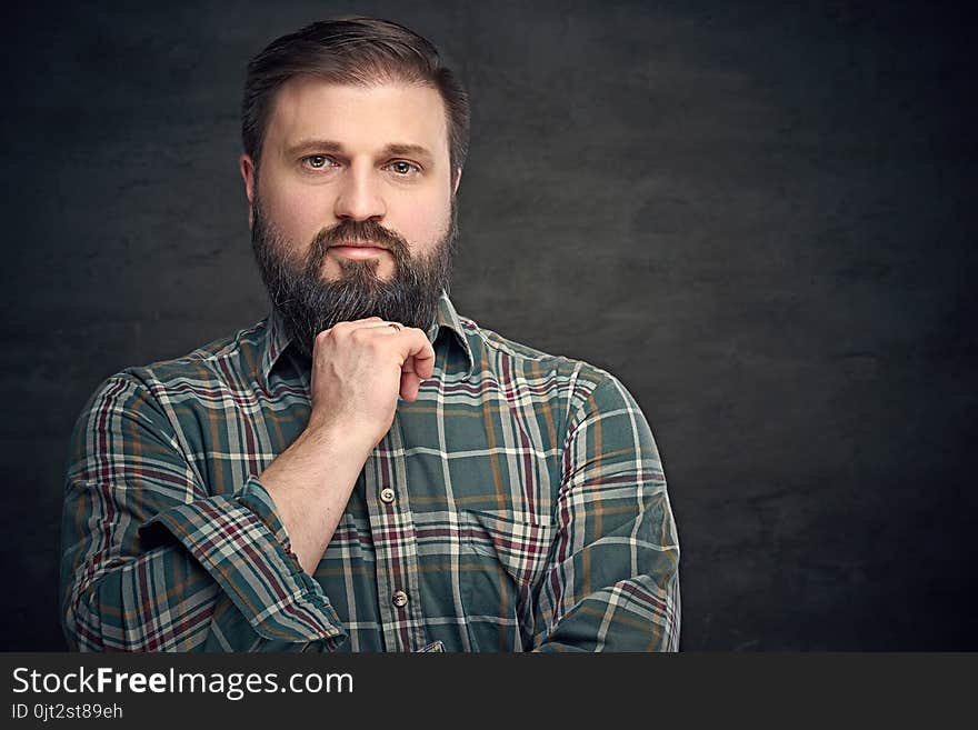 Portrait of serious middle age bearded male dressed in plaid flannel shirt over grey background. Portrait of serious middle age bearded male dressed in plaid flannel shirt over grey background.