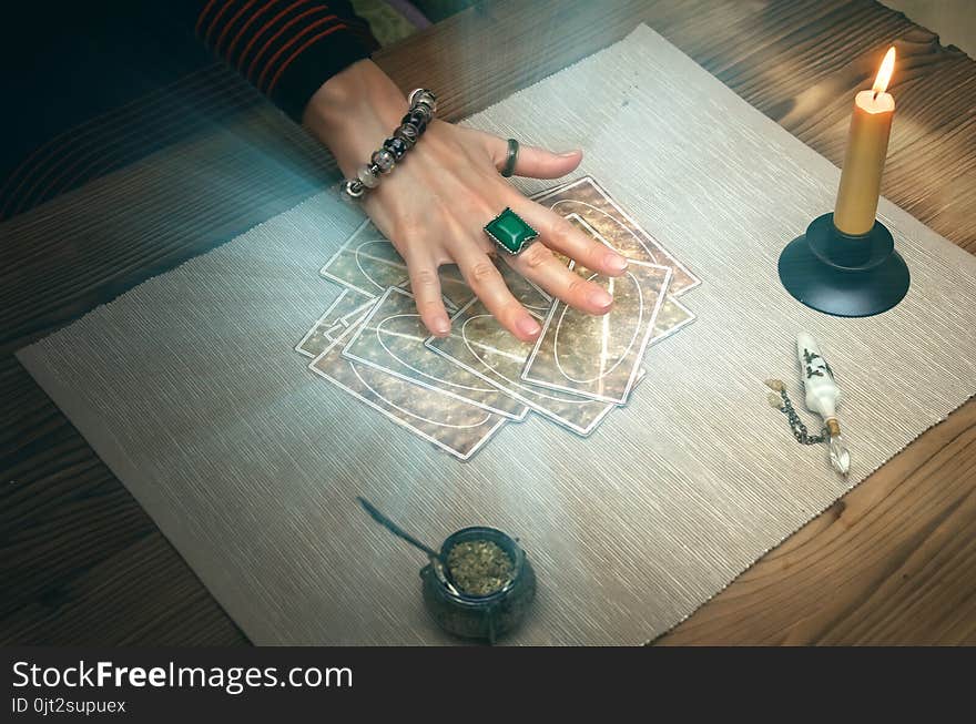 Tarot cards on fortune teller desk table. Future reading. Tarot cards on fortune teller desk table. Future reading.