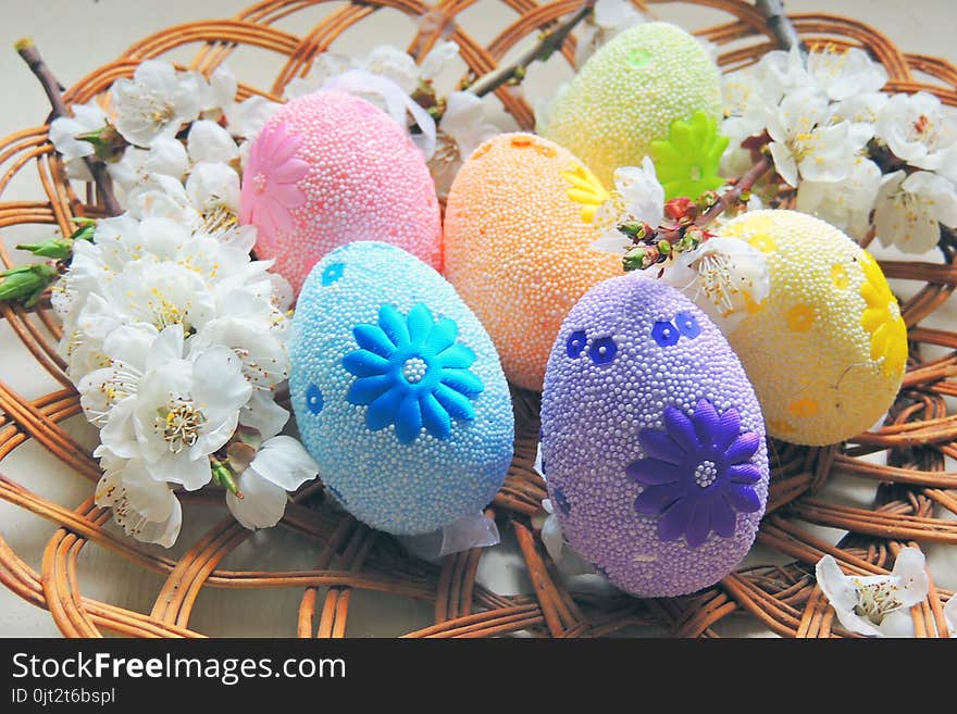 Painted Easter eggs basket and cherry tree blossom. Painted Easter eggs basket and cherry tree blossom