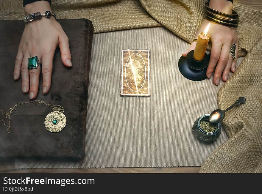 Book of magic. Tarot cards. Future reading. Fortune teller concept.