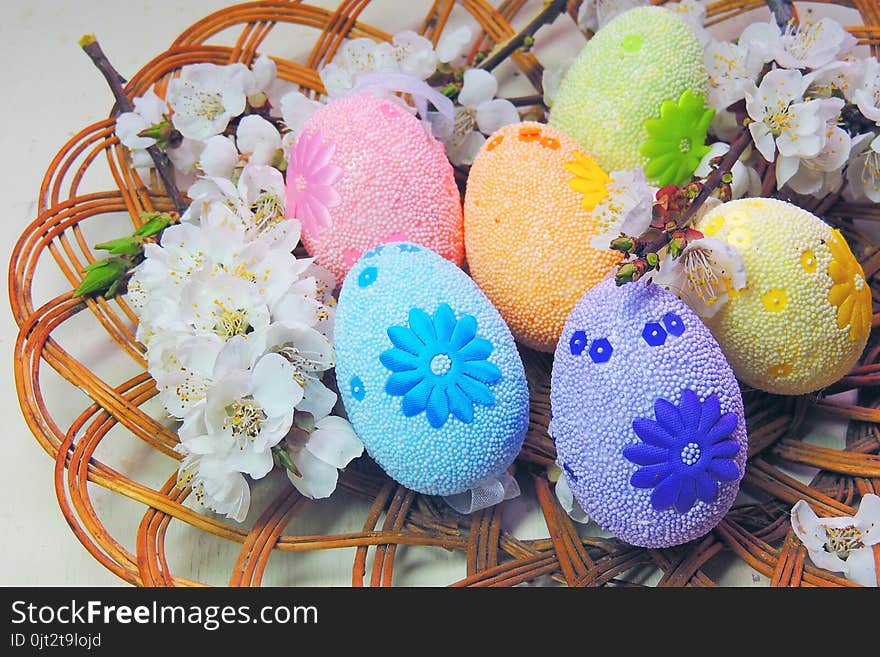 Painted Easter eggs basket and cherry tree blossom. Painted Easter eggs basket and cherry tree blossom