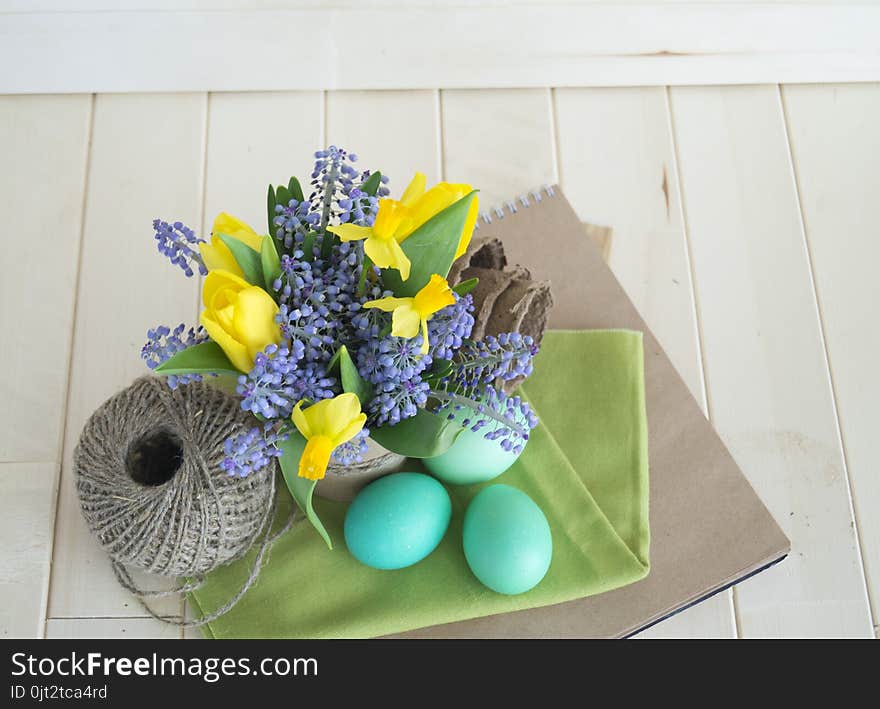 Bouquet of daffodils, tulips and Muscari.Easter.