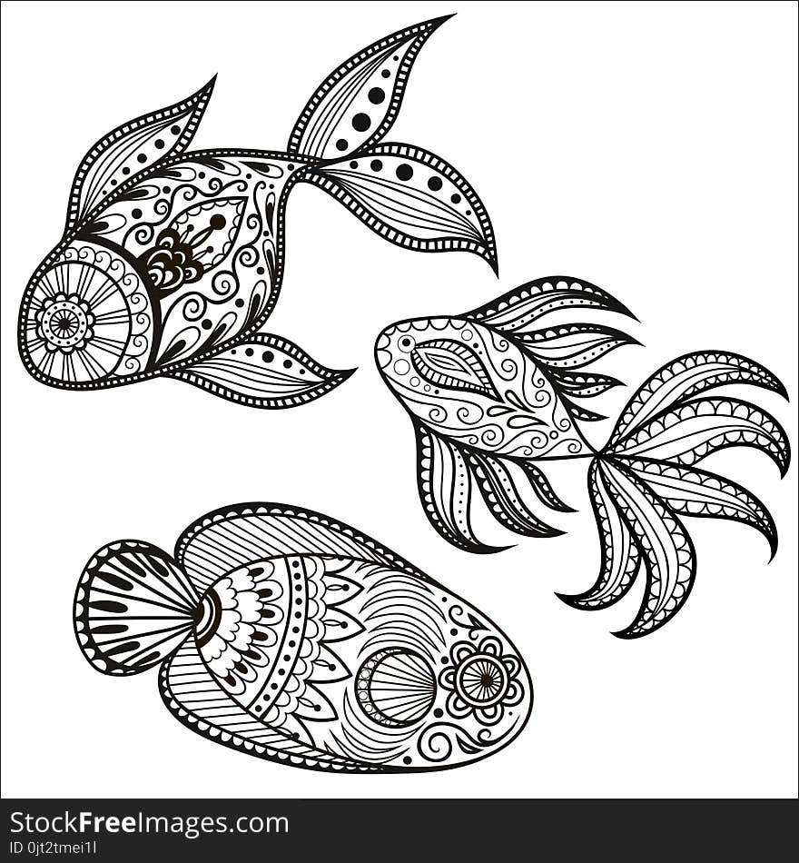 A set of fish sketch icons. Vector isolated aquarium fishnet.