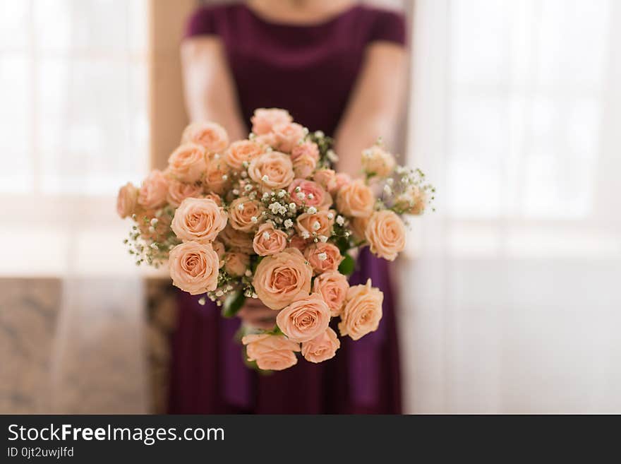 Girl Hold A Bouquet Of Cream Roses.