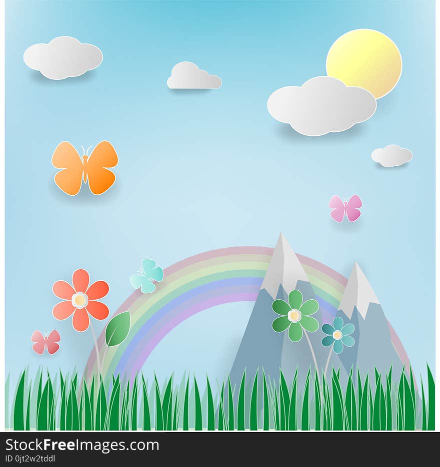 Floral summer meadow with flowers,sun,cloundpaper art.