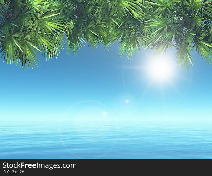 3D tropical landscape with palm tree leaves over ocean