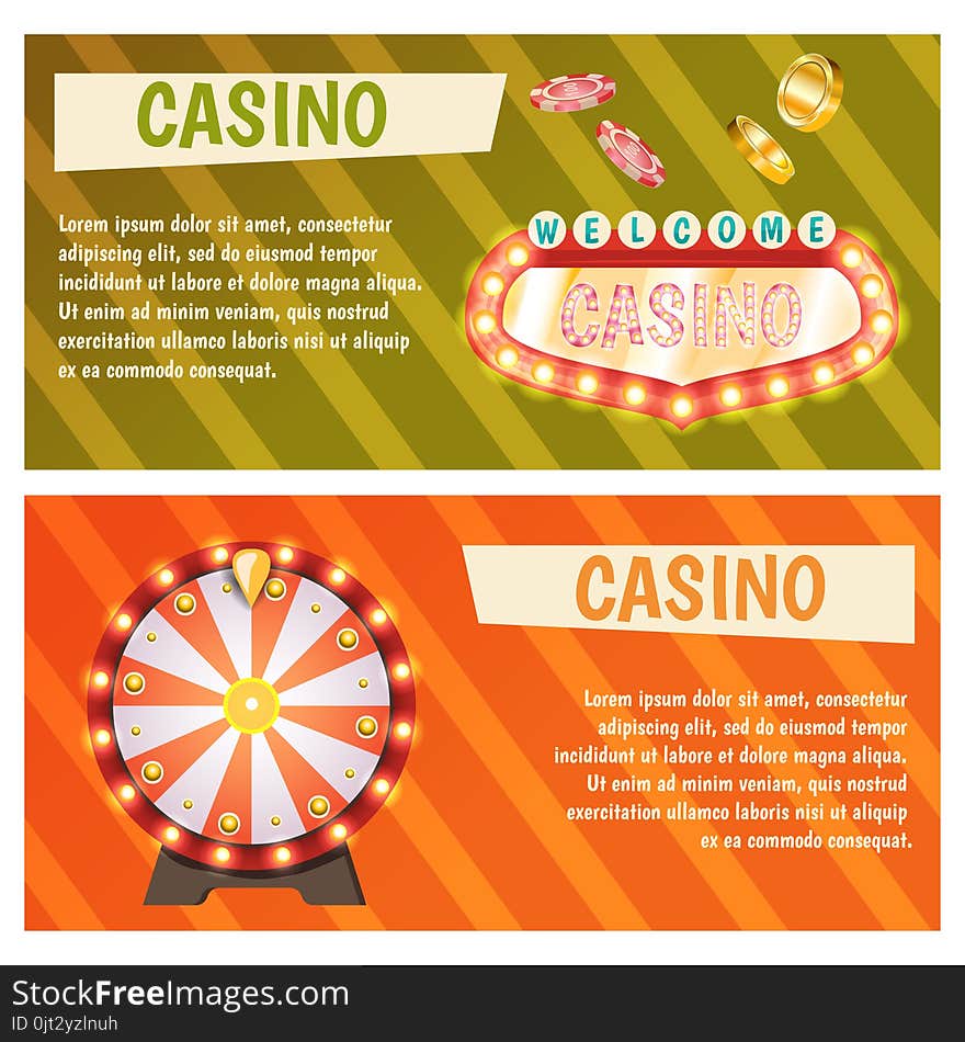 Vector flat banners with casino icons. Big win, slots, roulette.