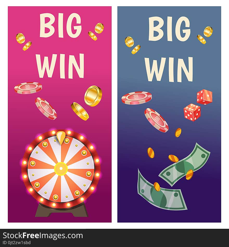 Vector flat banners with casino icons. Big win, slots, roulette.