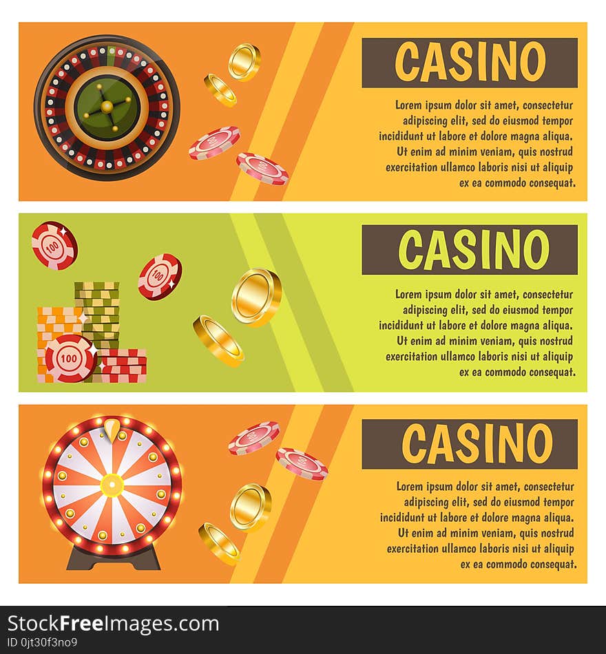 Vector flat banners with casino icons. Big win, slots, roulette.