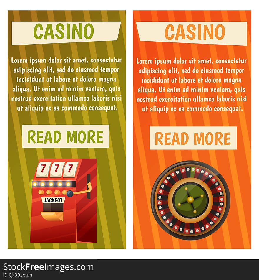 Vector flat banners with casino icons. Big win, slots, roulette.