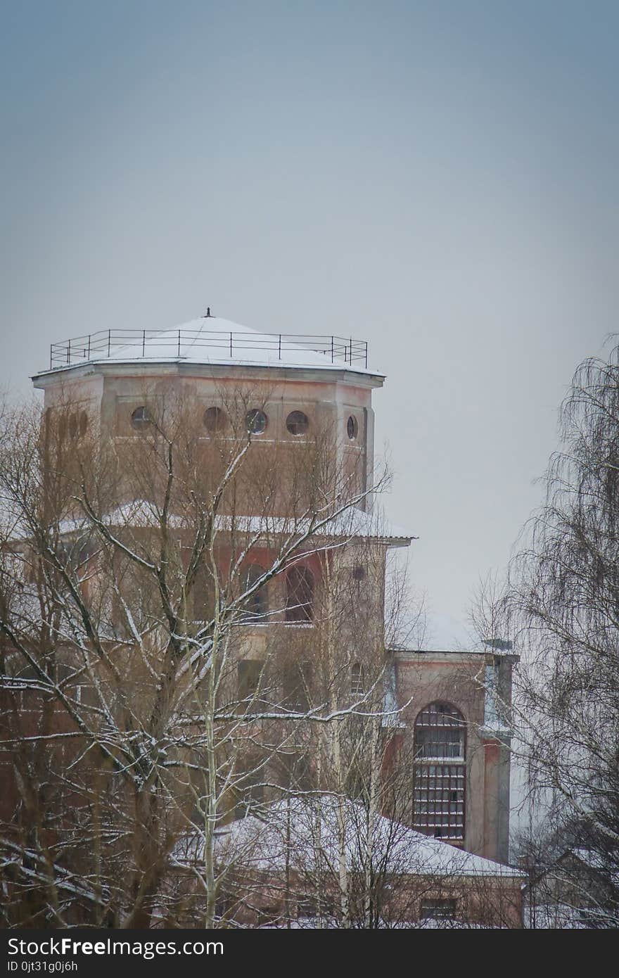 Vintage style red brick building, old factory, winter time landscape. Vintage style red brick building, old factory, winter time landscape.