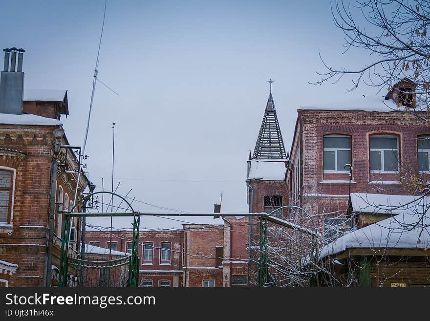 Vintage style red brick building, old factory, winter time landscape. Vintage style red brick building, old factory, winter time landscape.