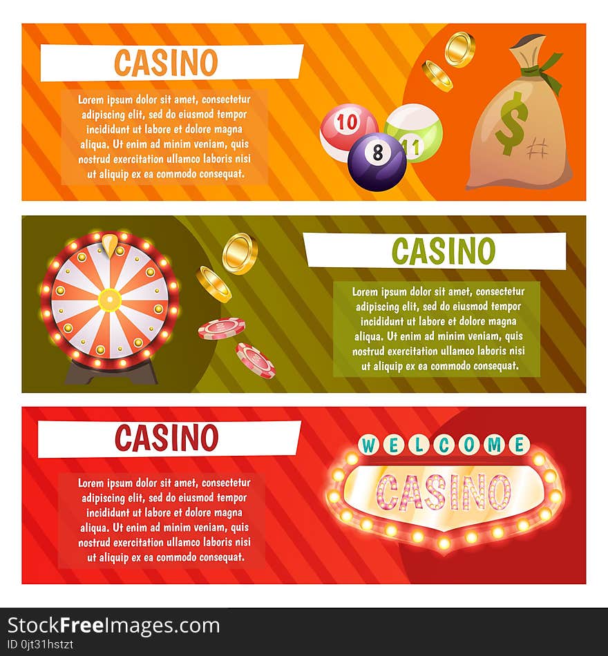 Vector flat banners with casino icons. Big win, slots, roulette.