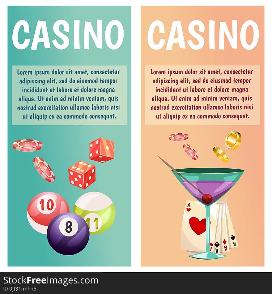 Vector flat banners with casino icons. Big win, slots, roulette.