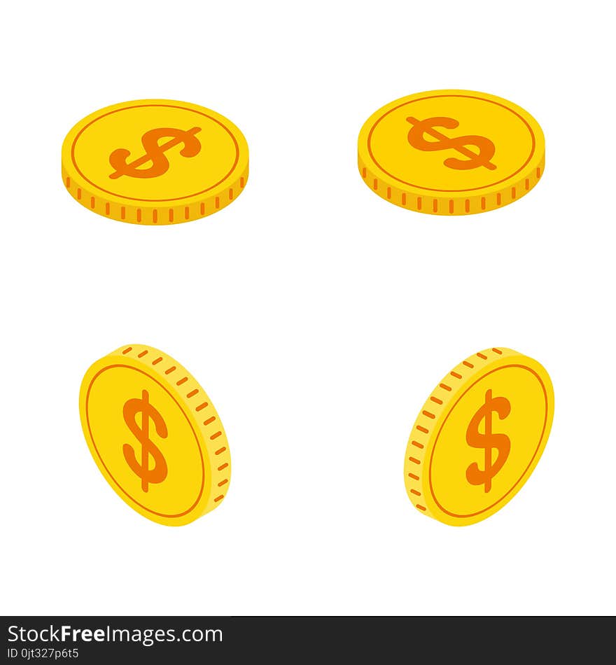 Vector gold isometric golden coins isolated on white background. Flat cartoon vector illustration. Vector gold isometric golden coins isolated on white background. Flat cartoon vector illustration.