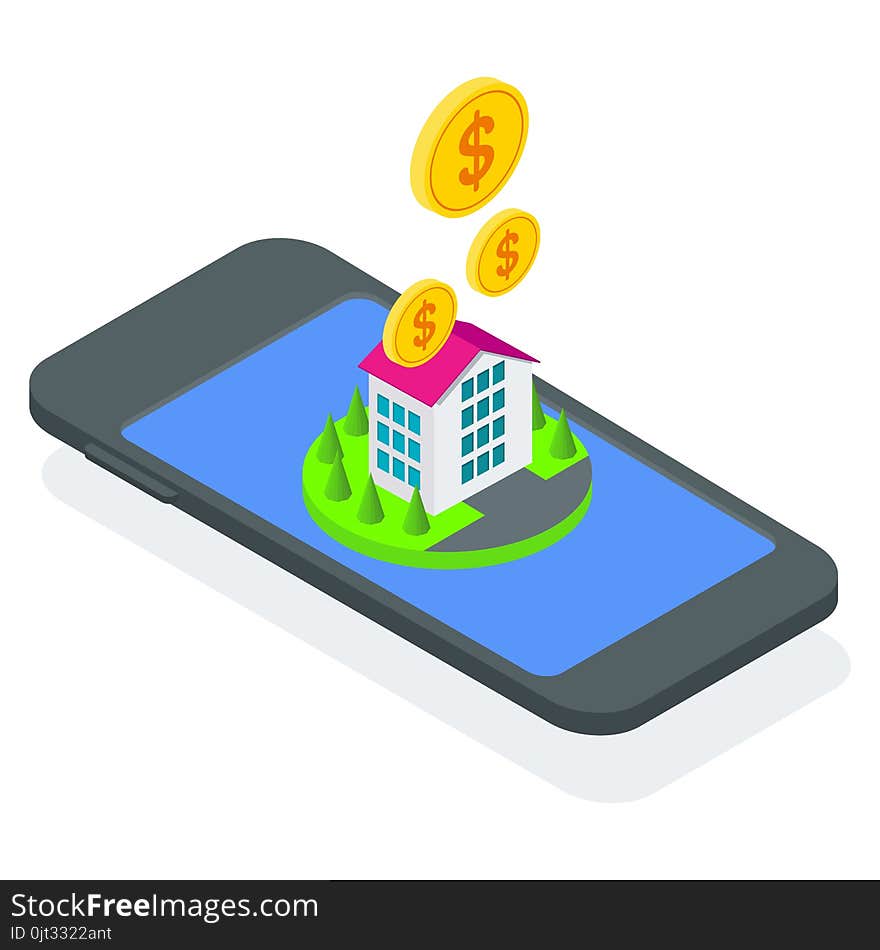 Isometric concept of buying property in mobile app. Flat vector cartoon illustration. Objects isolated on white background. Isometric concept of buying property in mobile app. Flat vector cartoon illustration. Objects isolated on white background.