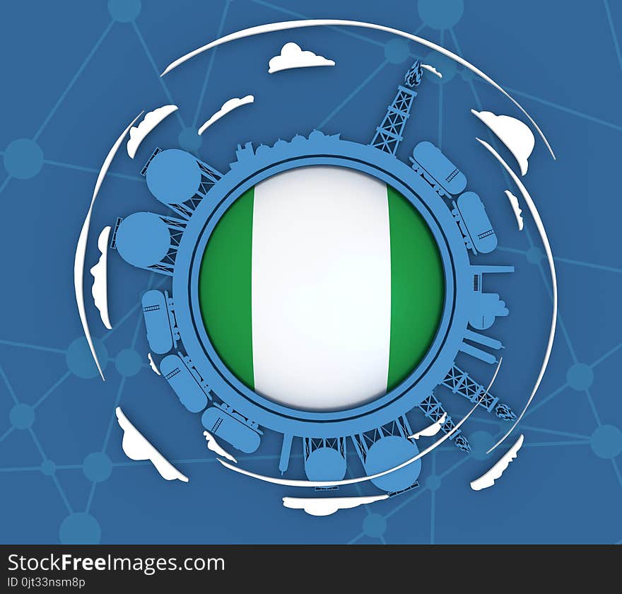 Circle with energy relative silhouettes. Objects located around circle. Industrial design background. Flag of the Nigeria in the center. 3D rendering. Circle with energy relative silhouettes. Objects located around circle. Industrial design background. Flag of the Nigeria in the center. 3D rendering