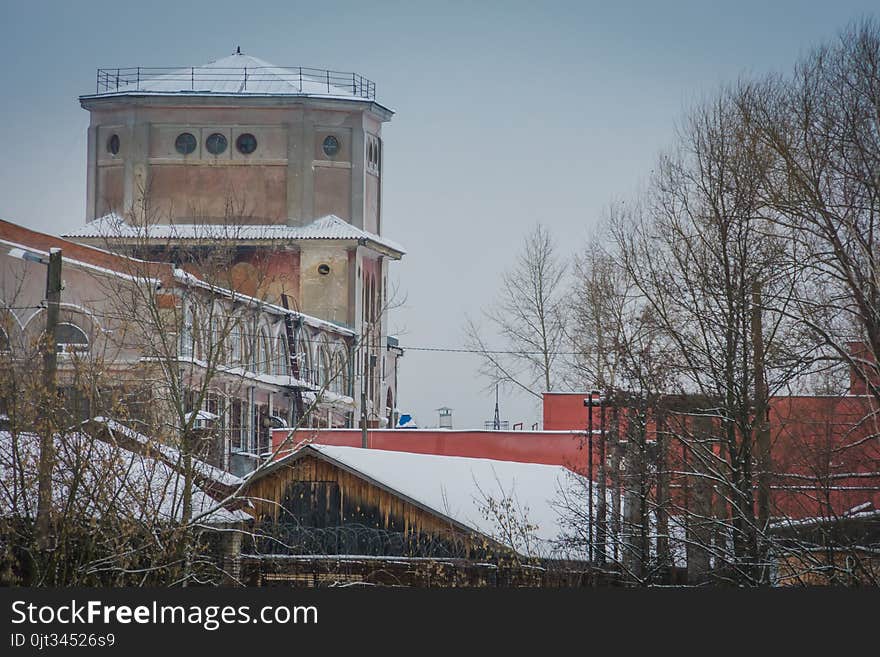 Vintage style red brick building, old factory, winter time landscape. Vintage style red brick building, old factory, winter time landscape.