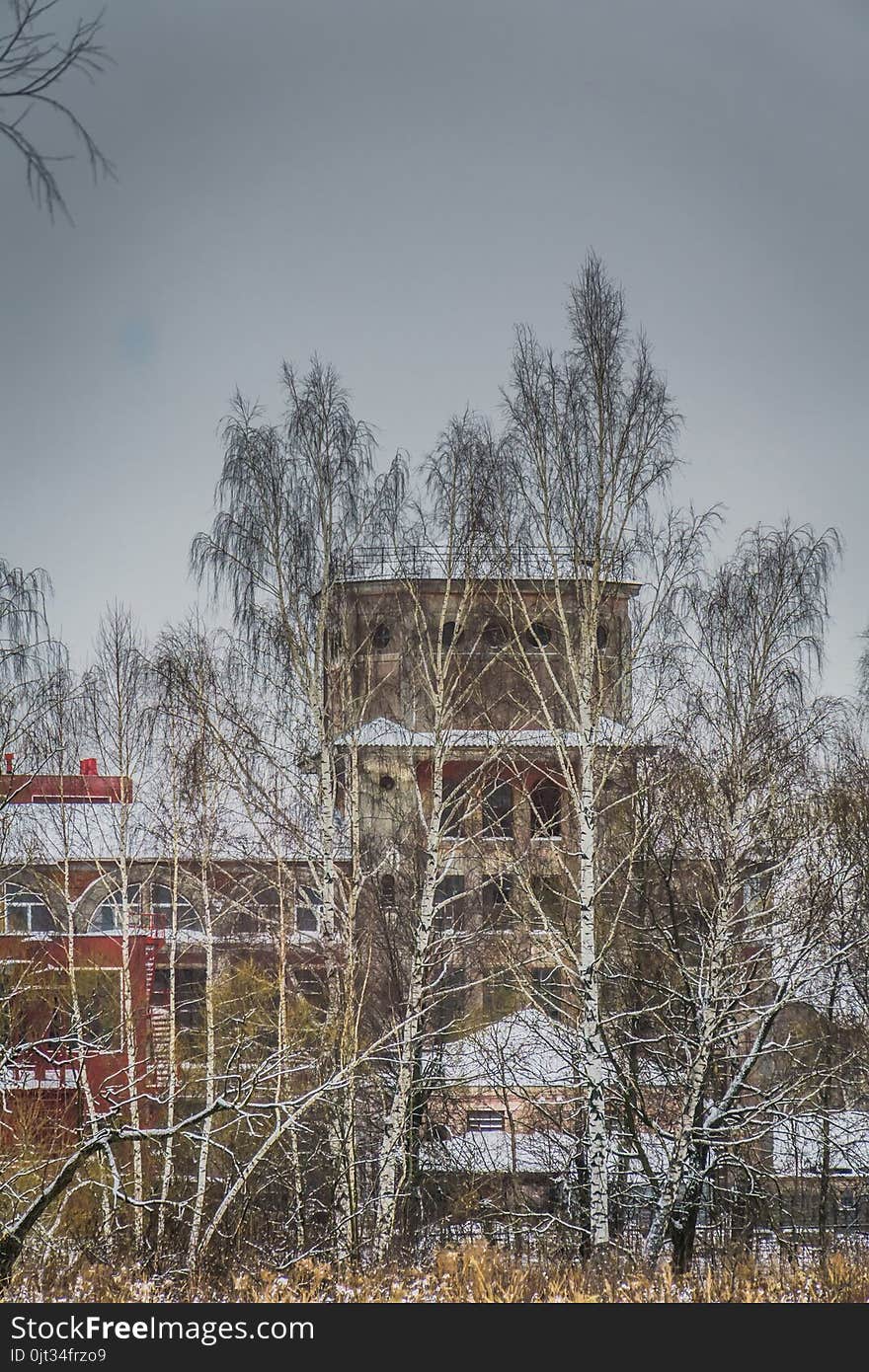 Vintage style red brick building, old factory, winter time landscape. Vintage style red brick building, old factory, winter time landscape.