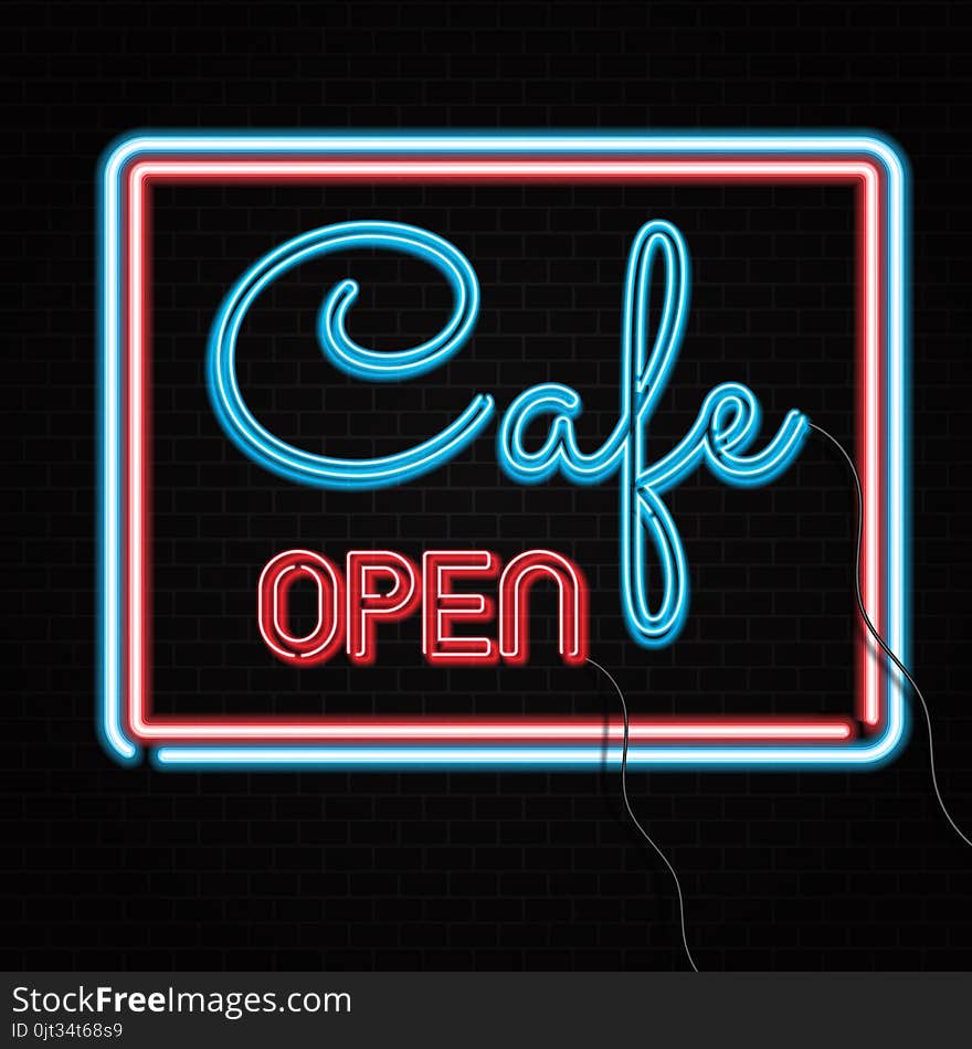 Neon Cafe Open Sign On Brick Wall