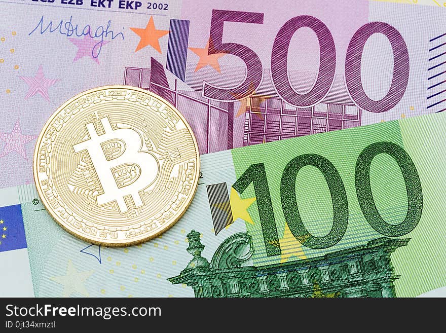 Golden bitcoin Euro background. Bitcoin cryptocurrency. High resolution photo.