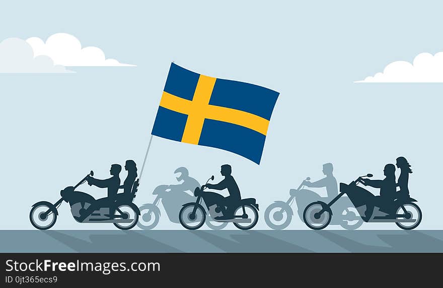 Bikers on motorcycles with sweden flag