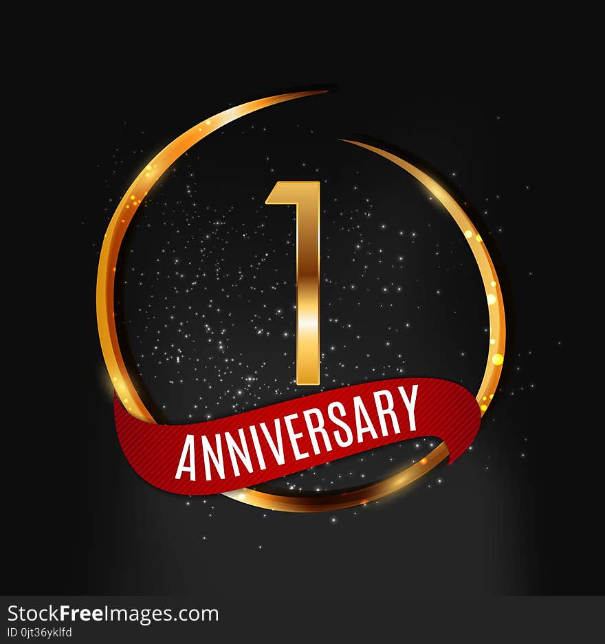 Template Gold Logo 1 Years Anniversary with Red Ribbon Vector Illustration