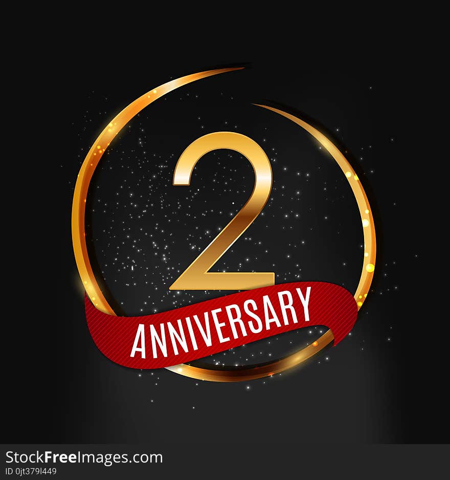 Template Gold Logo 2 Years Anniversary with Red Ribbon Vector Illustration EPS10