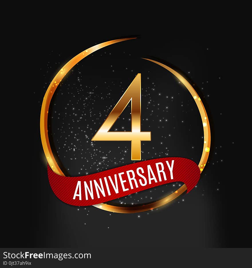 Template Gold Logo 4 Years Anniversary with Red Ribbon Vector Illustration EPS10