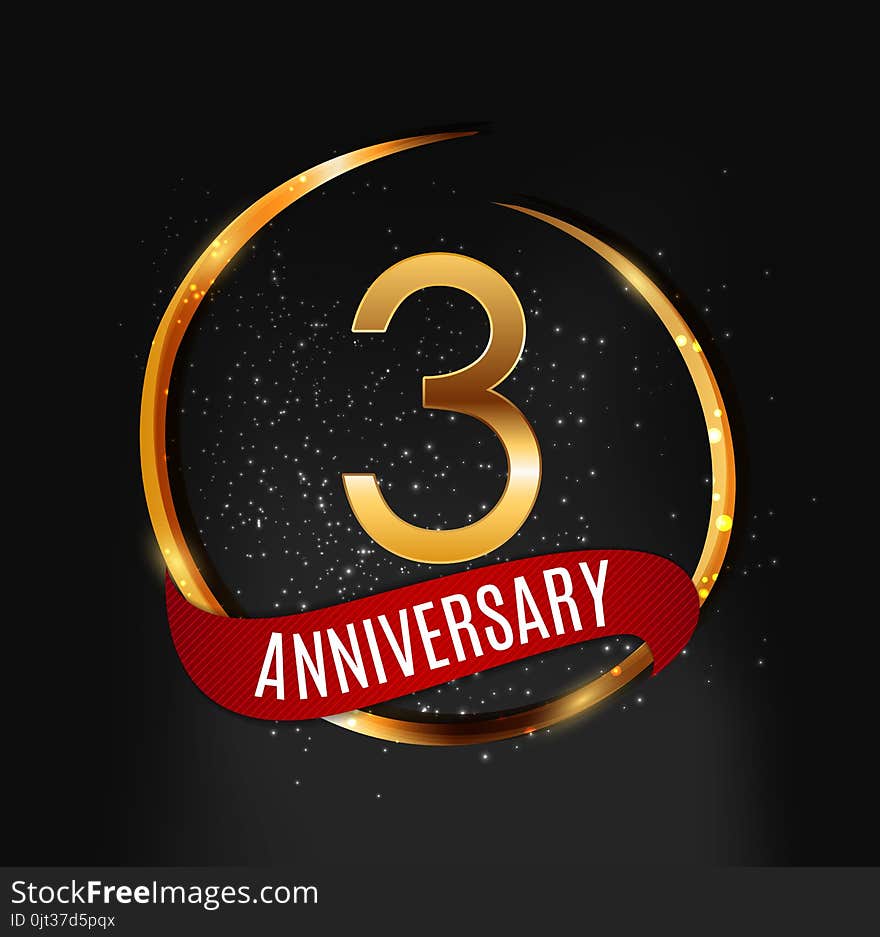 Template Gold Logo 3 Years Anniversary with Red Ribbon Vector Illustration EPS10