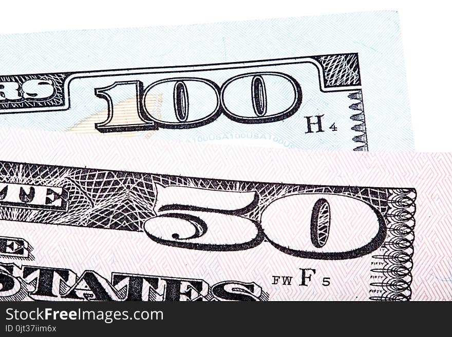 100 and 50 dollars banknote bills isolated on white background