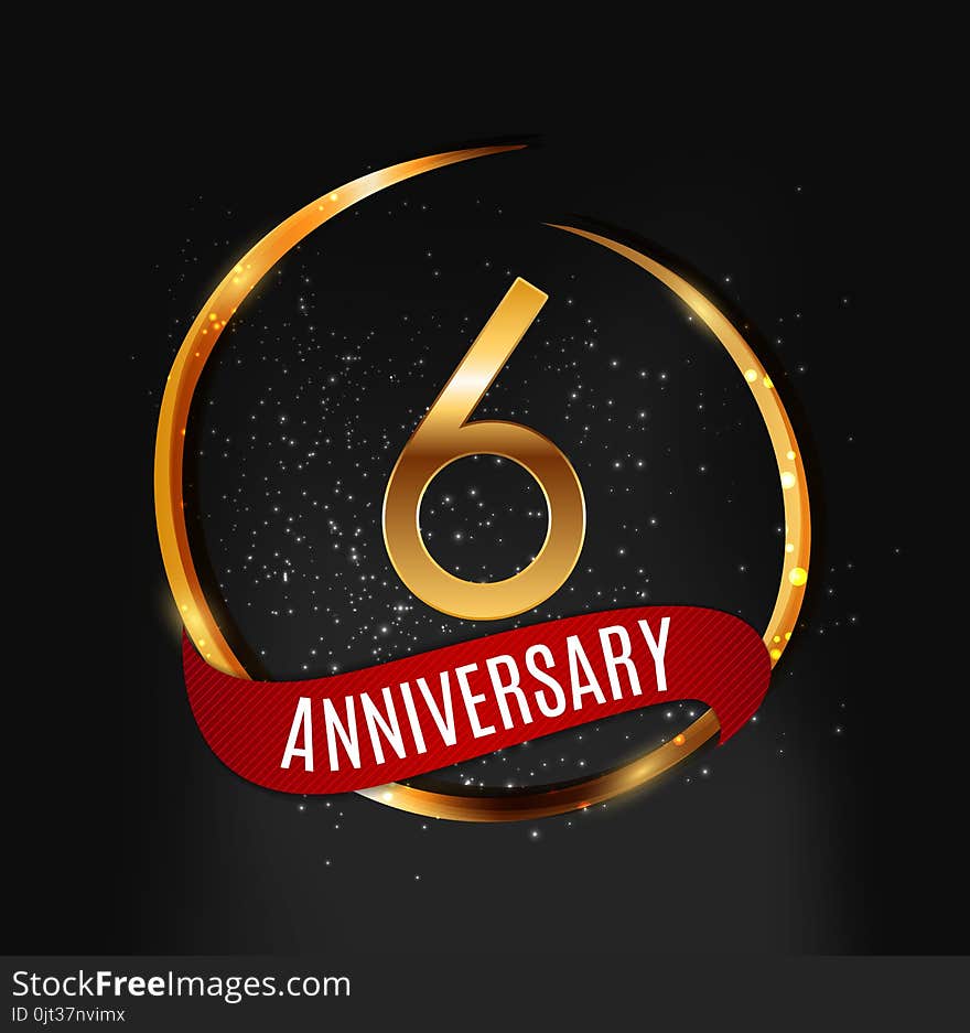 Template Gold Logo 6 Years Anniversary with Red Ribbon Vector Illustration EPS10